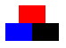 Three rectangles in a pyramid.  The top rectangle is red.  The lower-left one is blue.  The lower-right one is black.  The red rectangle is centered over the other two rectangles.