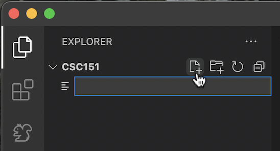 Code with the explorer window open. The user is in the process of creating a new file in their csc151 directory.